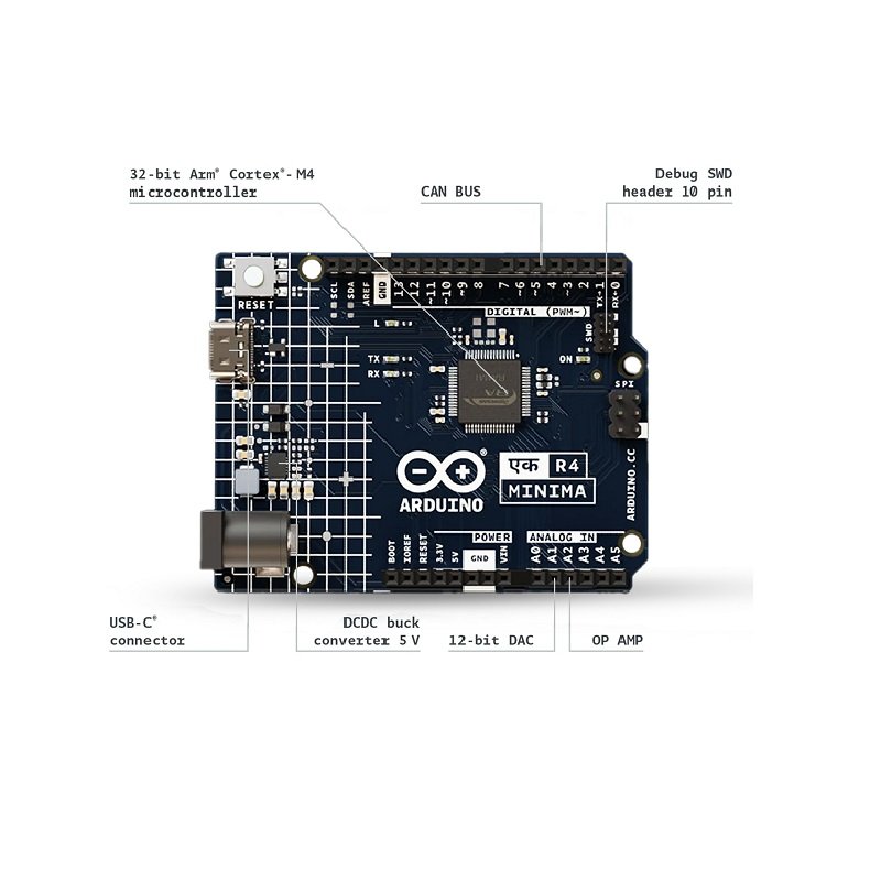 Official Arduino UNO EK (एक) R4 Minima Made in India | 48 MHz Arm Cortex-M4 processor USB 2.0 USB-C UART SPI I2C CAN 256 kB Flash Memory 14 PIN GPIO.